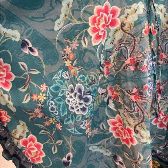 Johnny Was Teal Blue Floral & Birds Lightweight Cotton Ruffle Trim Cover-Up - Picture 4 of 12